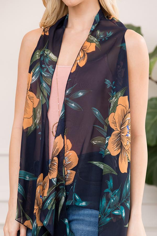 Black Sleeveless Floral Open Front Kimono