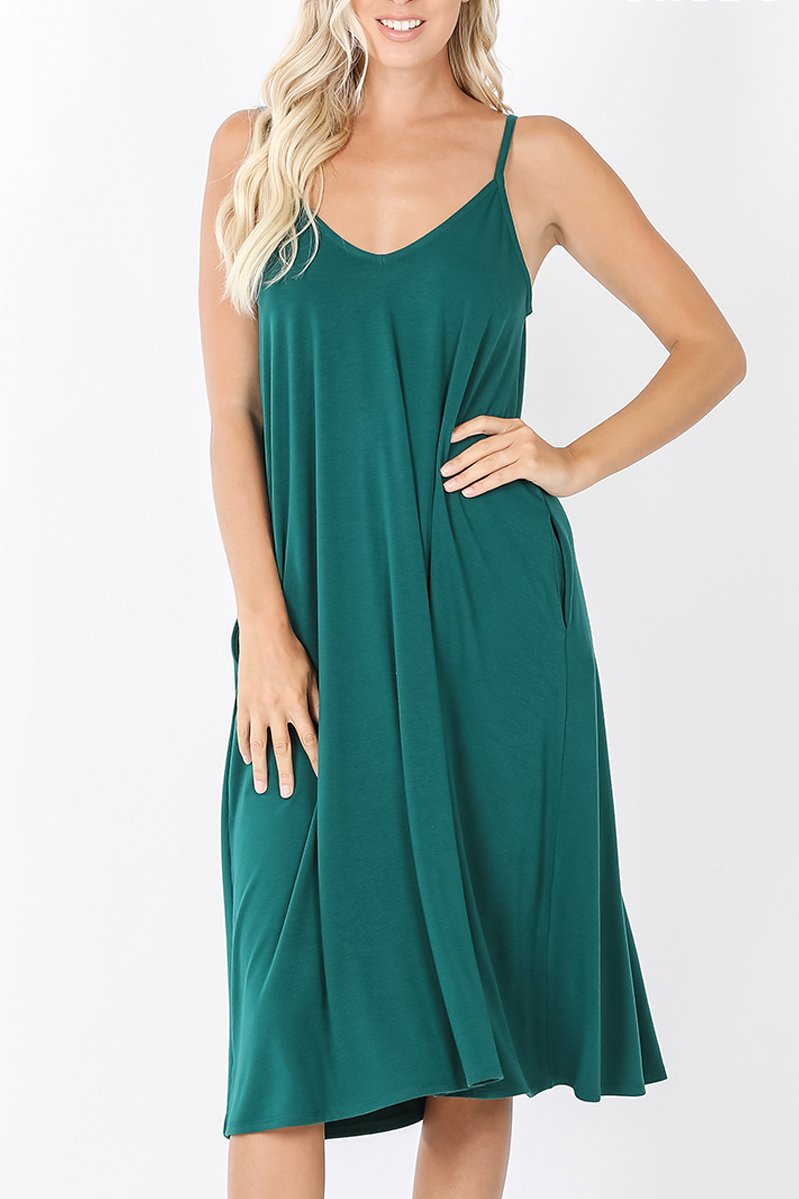 Premium Fabric V-Neck Cami Knee Length Dress