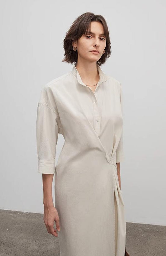 "Origami Narrative" Collar Wrap Dress Women's Mid Sleeve Shirt Dress Long Dress