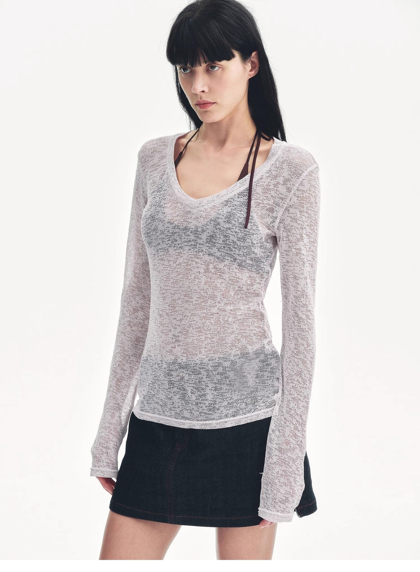 "Spring Old Dream" Slightly Hollow V-Neck Straight Shoulder Top