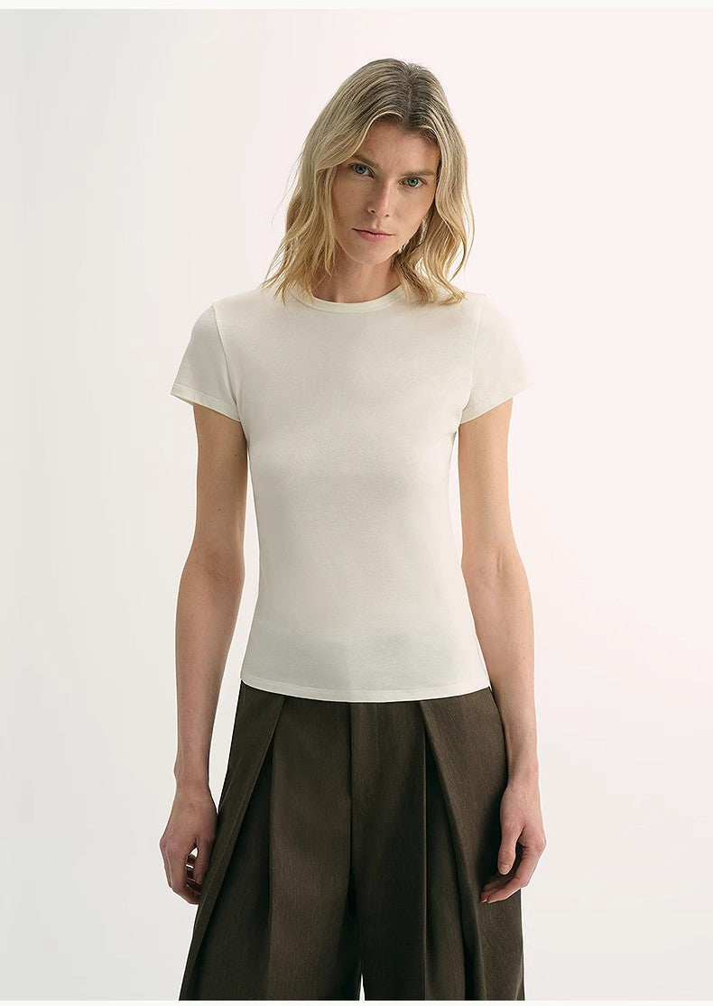 LINDIS Wool Mulberry Silk Classic Short-Sleeved Round Neck T-Shirt for Women