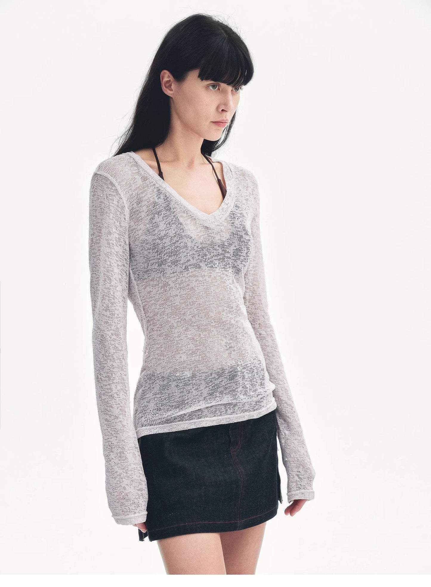 "Spring Old Dream" Slightly Hollow V-Neck Straight Shoulder Top