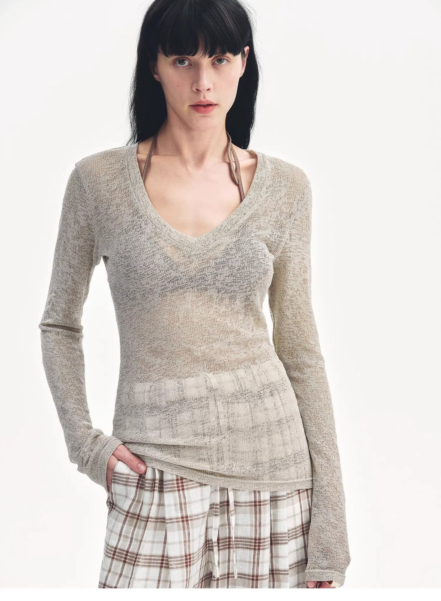 "Spring Old Dream" Slightly Hollow V-Neck Straight Shoulder Top