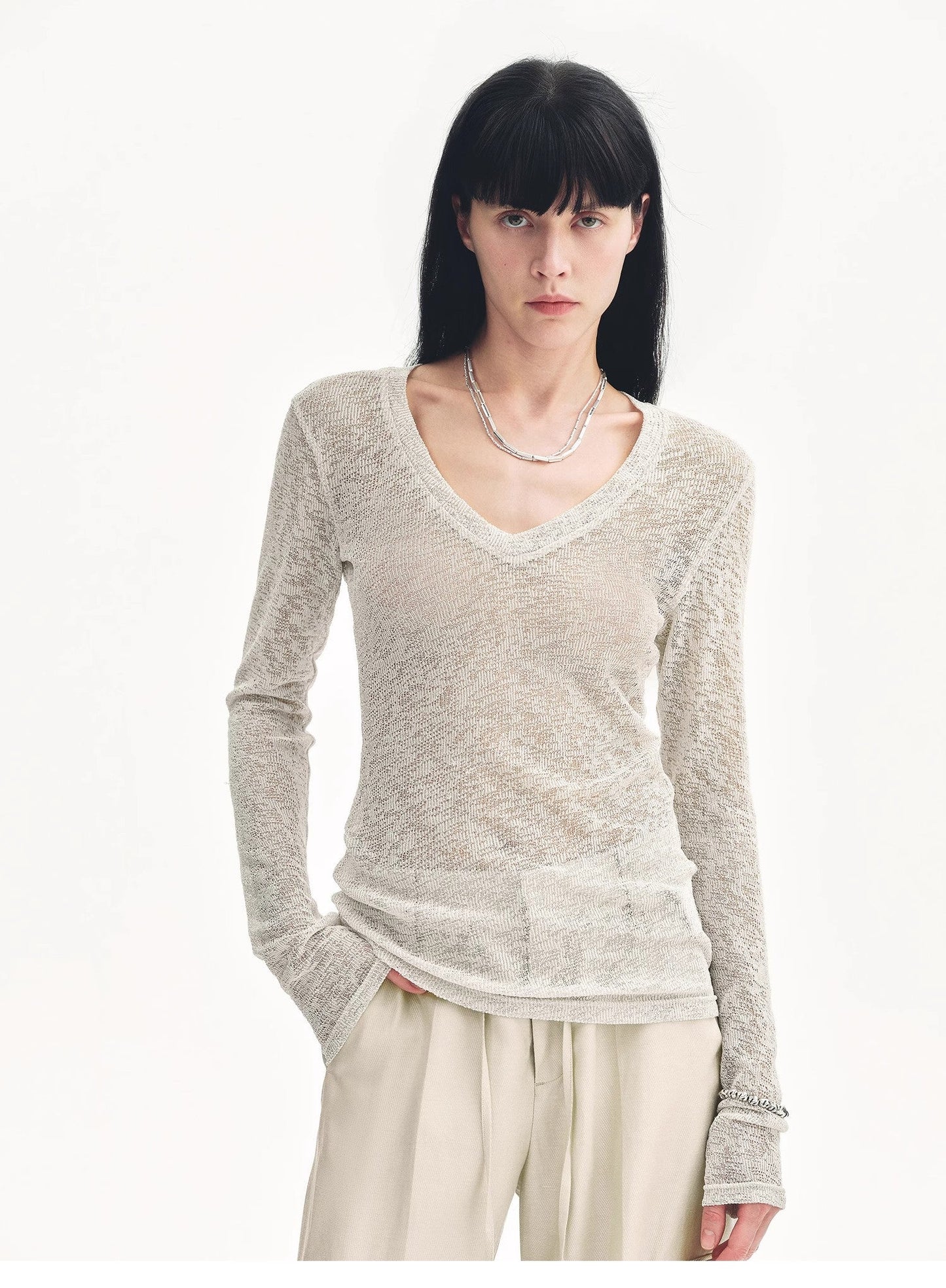 "Spring Old Dream" Slightly Hollow V-Neck Straight Shoulder Top