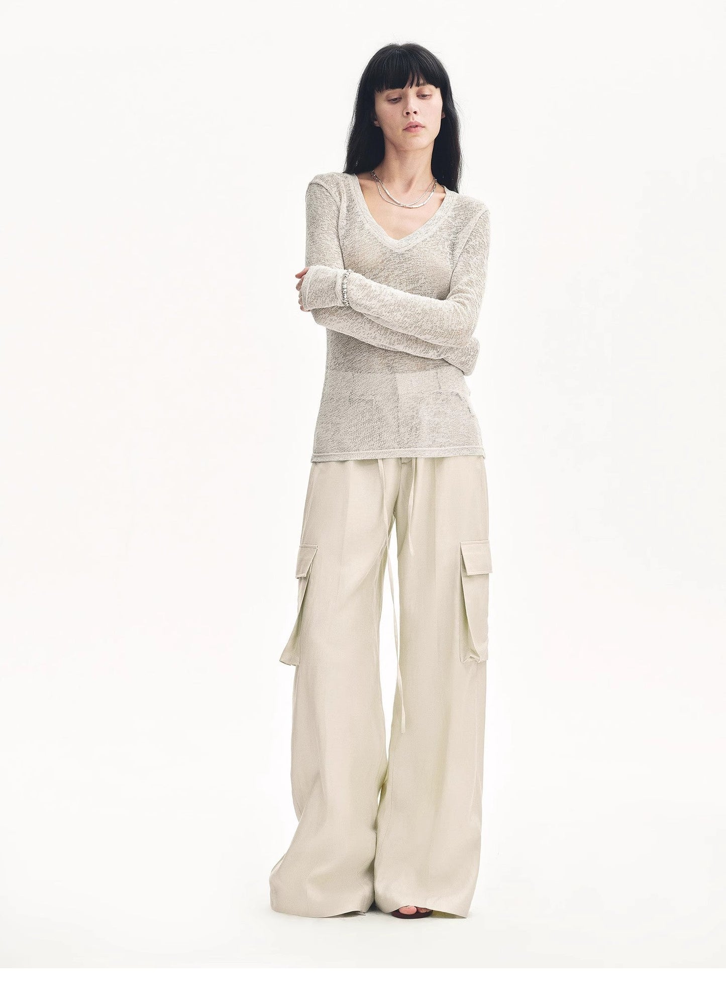 "Spring Old Dream" Slightly Hollow V-Neck Straight Shoulder Top