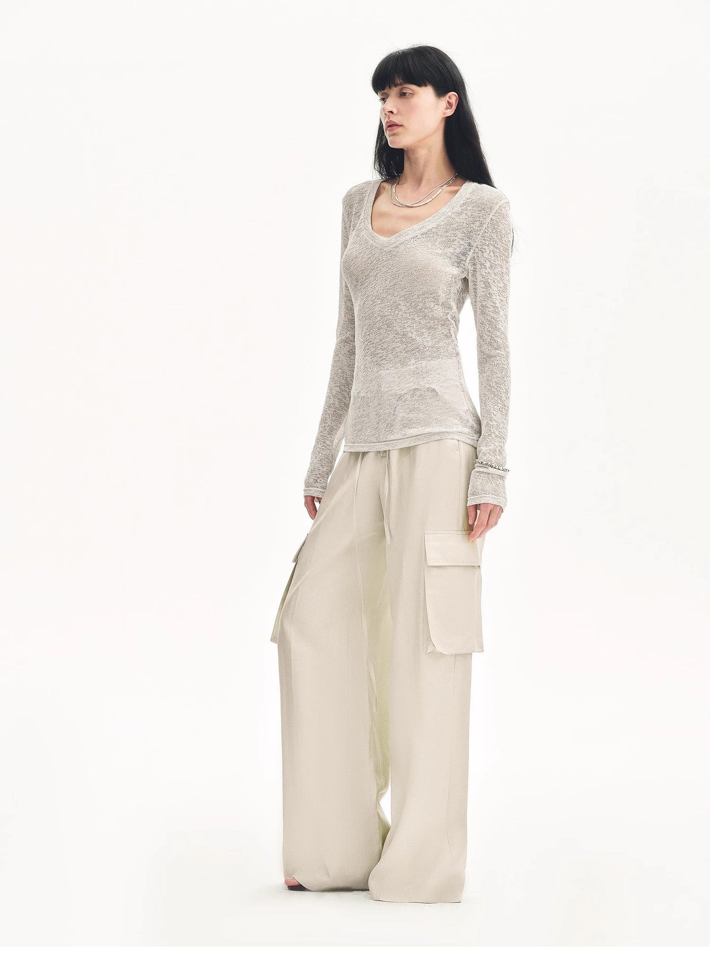 "Spring Old Dream" Slightly Hollow V-Neck Straight Shoulder Top