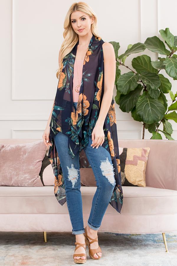 Black Sleeveless Floral Open Front Kimono