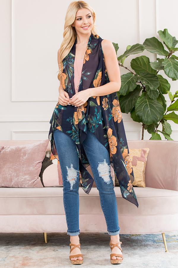 Black Sleeveless Floral Open Front Kimono