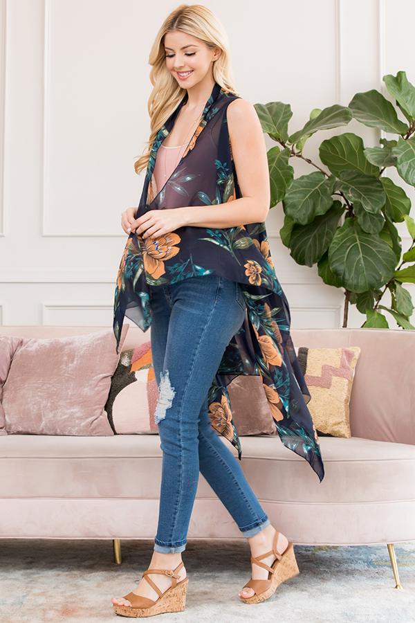 Black Sleeveless Floral Open Front Kimono