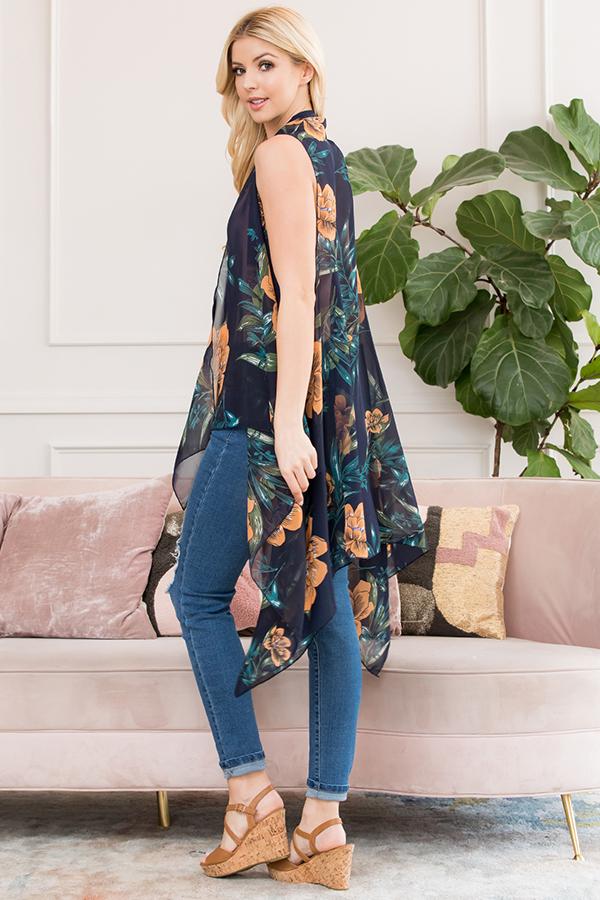 Black Sleeveless Floral Open Front Kimono