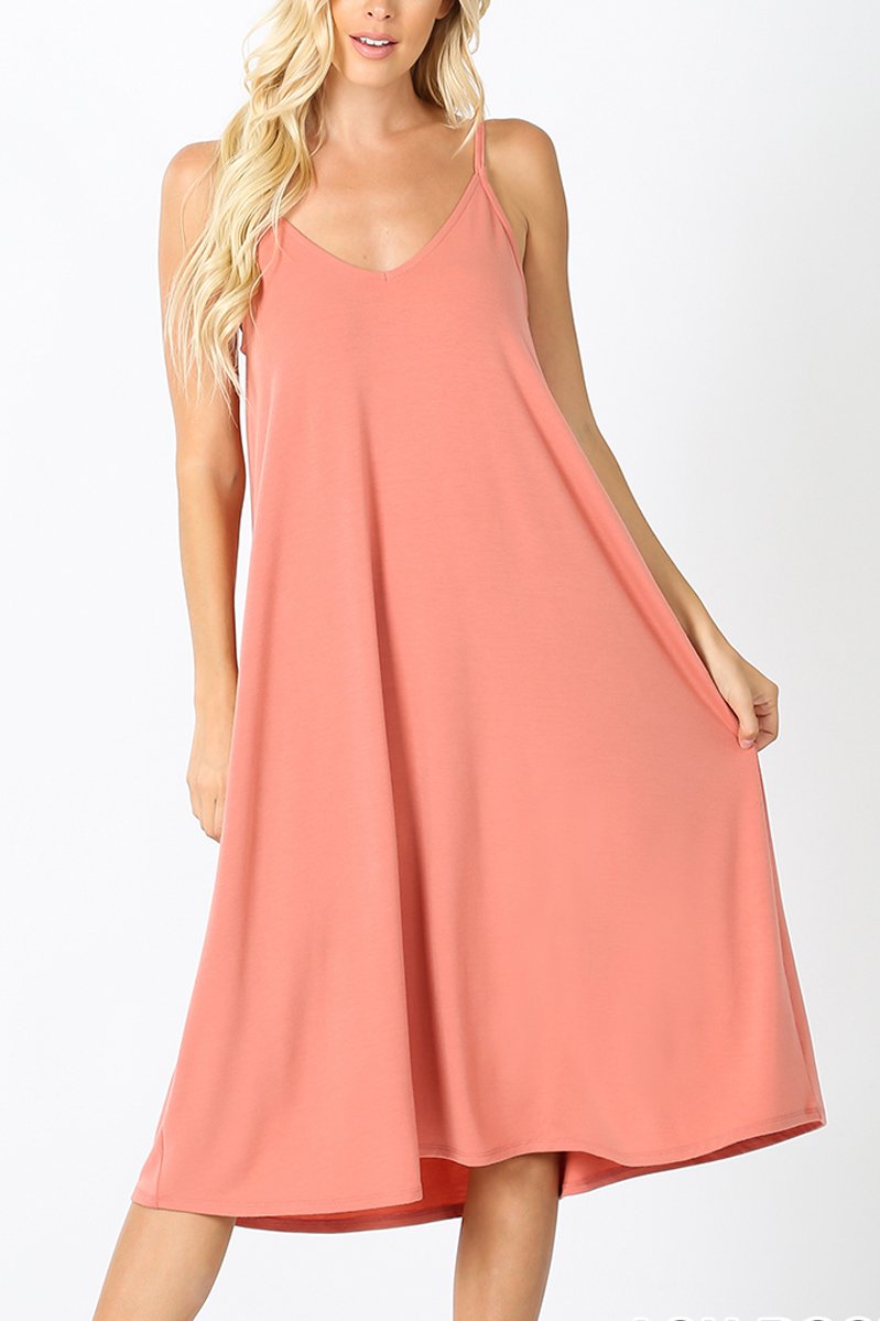 Premium Fabric V-Neck Cami Knee Length Dress