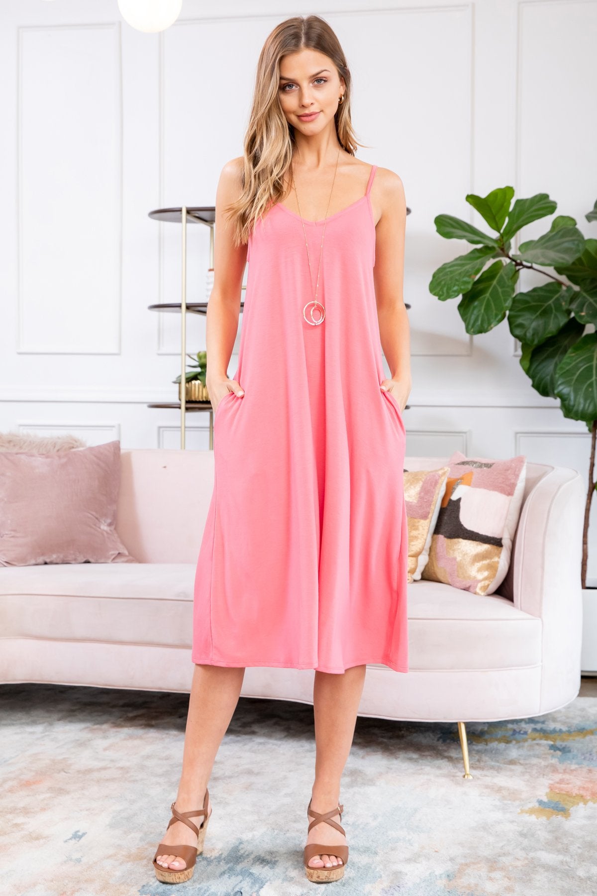 Premium Fabric V-Neck Cami Knee Length Dress