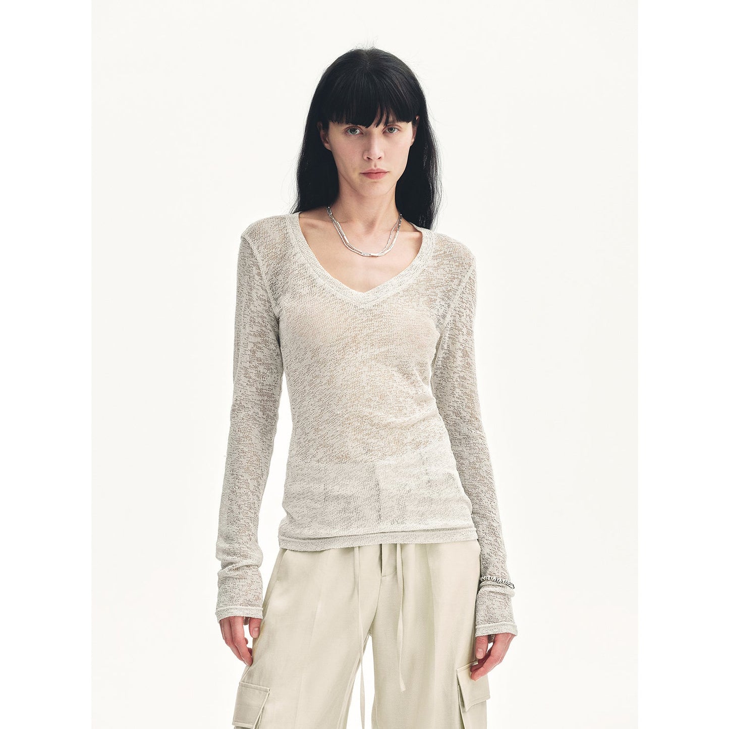 "Spring Old Dream" Slightly Hollow V-Neck Straight Shoulder Top